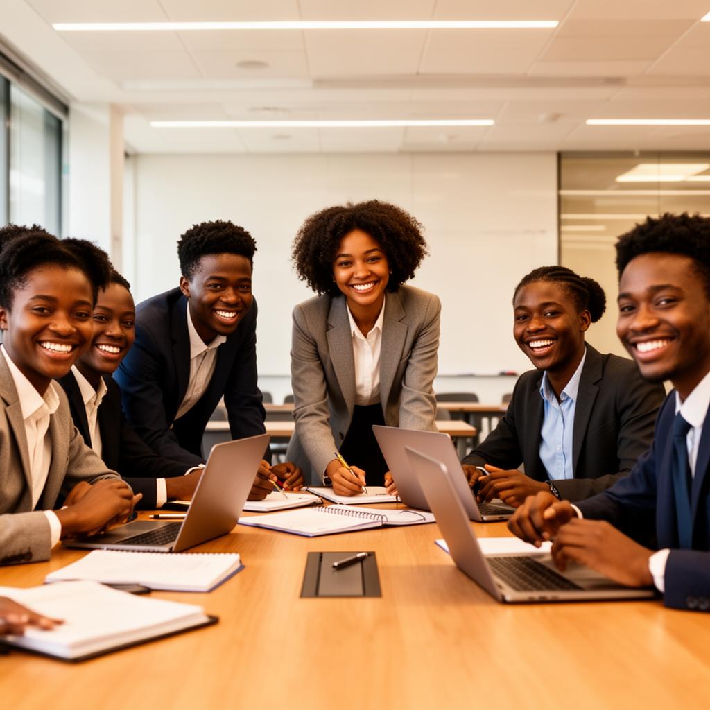 Heritage Business School students collaborating in a modern classroom