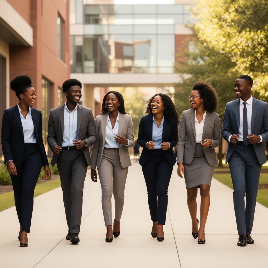 Happy Heritage Business School students walking together on campus